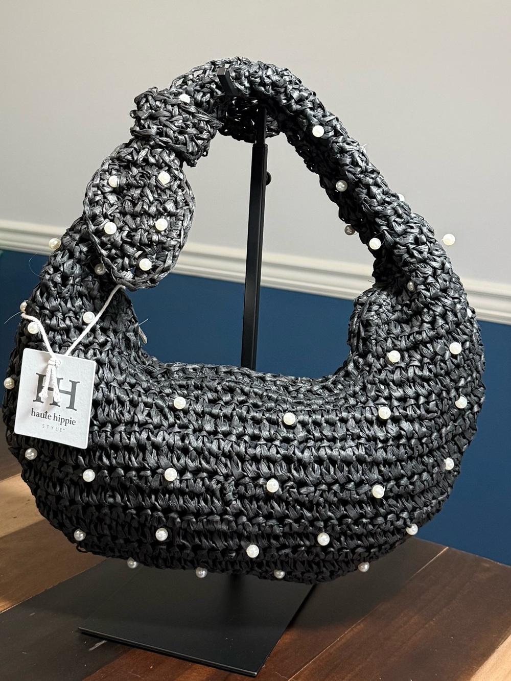 Haute Hippie Black Crochet Pearl-Embellished Shoulder Bag